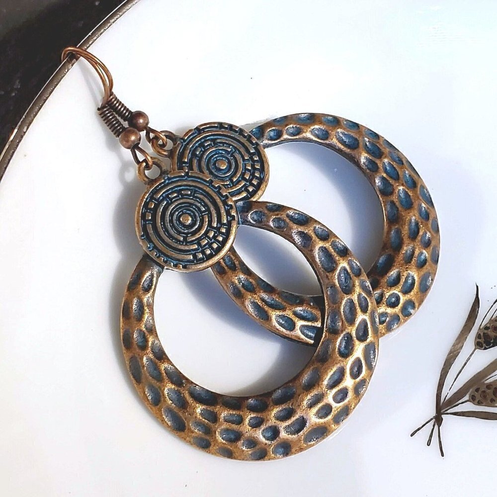 Antique Copper Verdigris Blue Green Patina Hammered Open Round Earrings